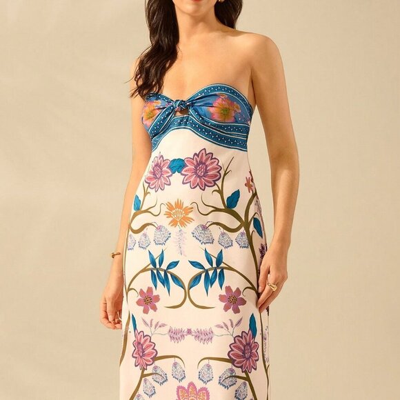 Multicolor Boho Women's Tropical Floral Print Sleeveless Tie Front Beach Dress - Picture 8 of 8